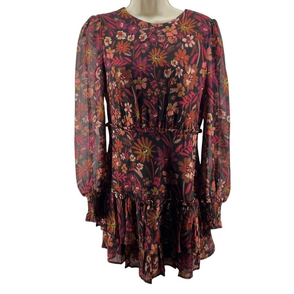 Aqua Metallic Floral Print Mini Dress Long Sleeve Ruffled Womens Size Small